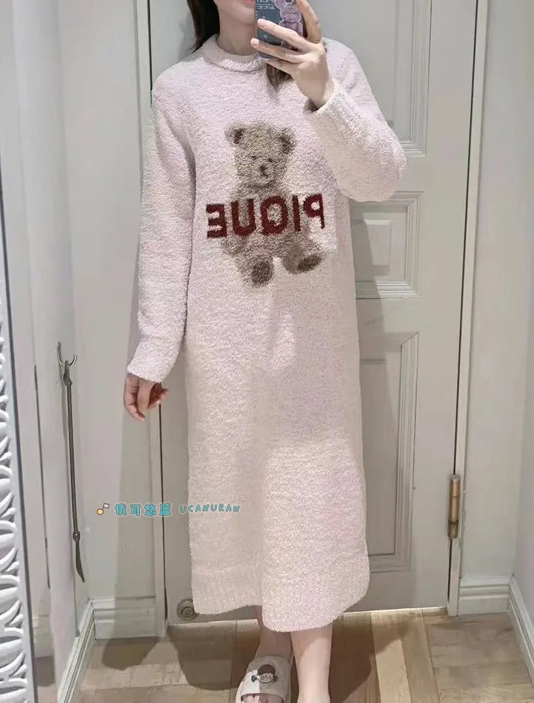 Japan Style Original New Year Teddy Bear Plaid Winter Thick Pajamas Knitted Sweaters Gown Wine Sleepwear Loungewear - Seprincess