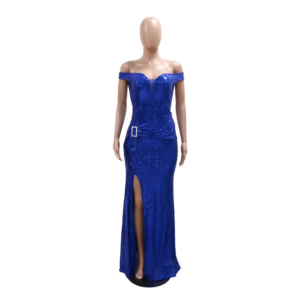 Women Sequined Split Mermaid Maxi Dress 2024 Fall Birthday Slash Neck Ruched Sexy Evening Party Long Dresses Vestidos - Seprincess