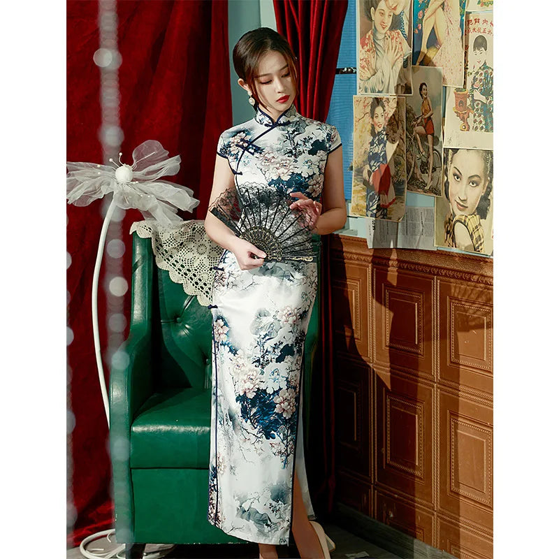 2023 Spring Silk Maxi Long Improved Cheongsam Retro Elegant Performance Chinese Traditional Style Evening Dress Qipao for Women - Seprincess