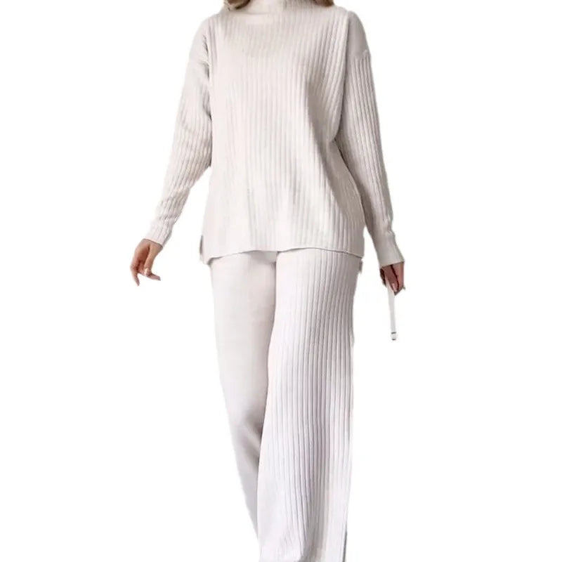 Women Knitted Two-piece Set Casual Loose Women's Home Suit With High Collar Top Wide Leg Trousers Knitting 2 Piece Outfit Winter - Seprincess