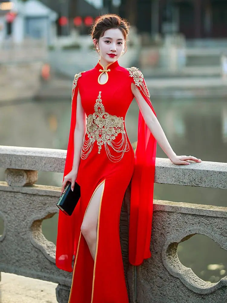 Chinese dress women cheongsam ao dai vintage elegant wedding party qipao black embroidery cheongsam French style Evening dress - Seprincess