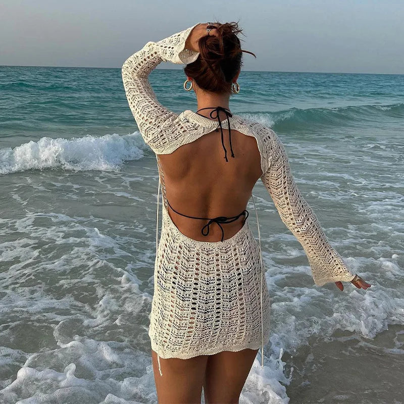 Vintage Crochet Flower Hollow Out Dress Cover-Ups Chic Women Sexy Knit Backless Tie-up Mini Dress Summer Beach Holiday Bodycon - Seprincess