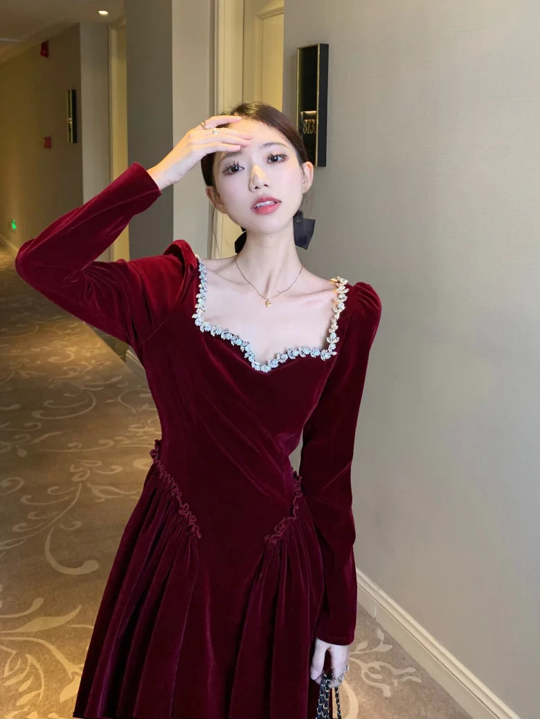 Vintage Evening Party Velvet Dresses for Woman Elegant Fashion Wedding Birthday Prom Long Sleeves Female Clothing Black Robe - Seprincess