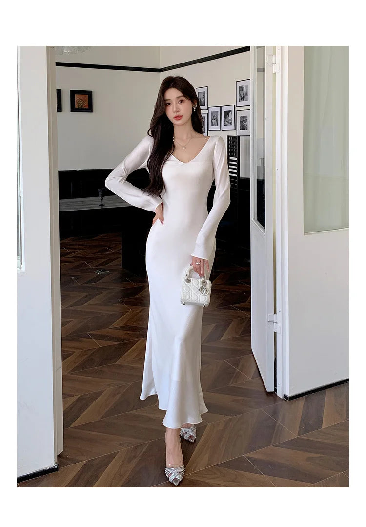 Autumn Solid Satin Long Dresses Women Wedding Evening Party Dress with Camisole Prom Robe V-Neck Long Sleeves Mermaid Vestidos - Seprincess