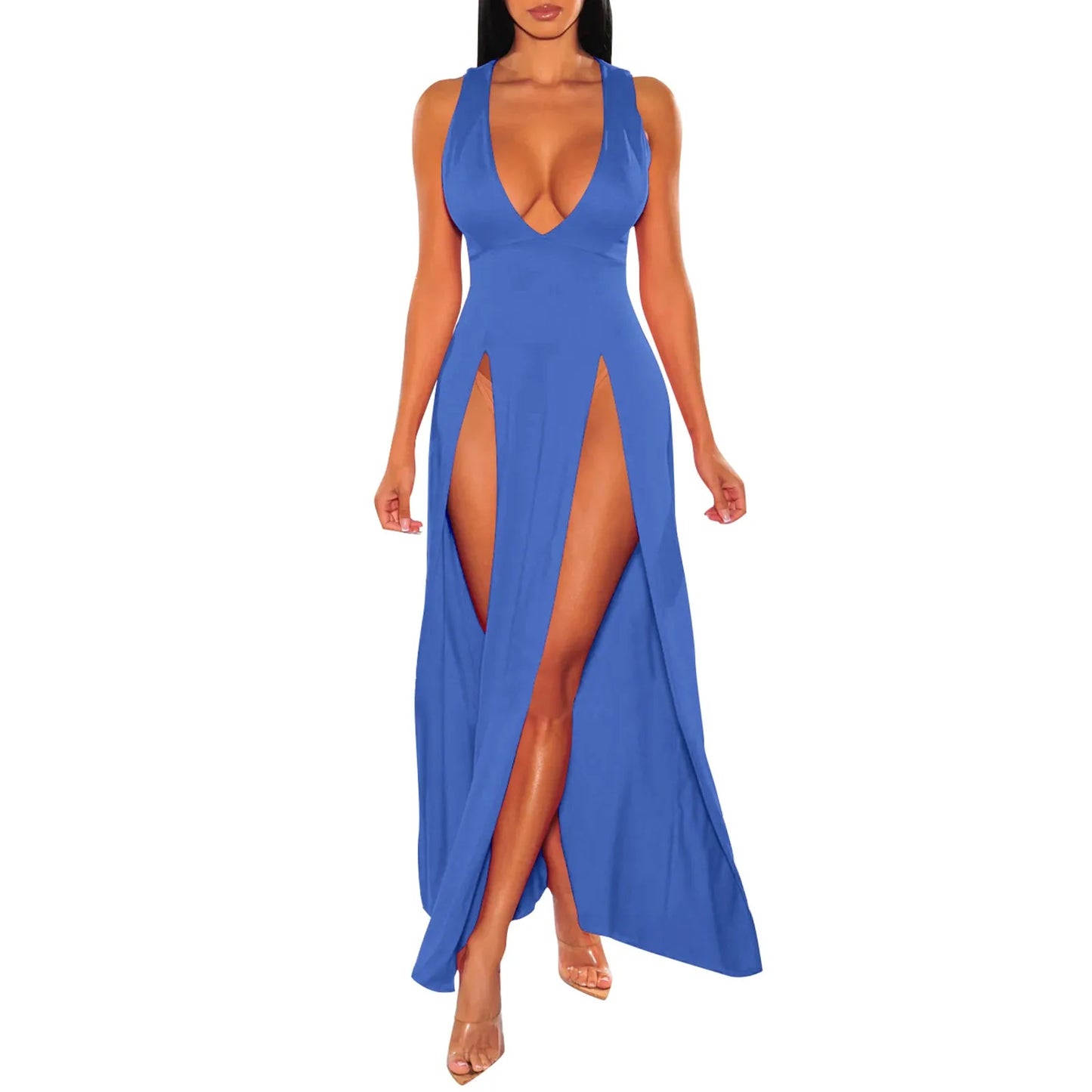 Sexy Lingerie Porno Exotic Dresses Deep V-Neck Sleeveless Double Slit Perspective Suspender Sexy Honeymoon Plus Size Vestidos - Seprincess