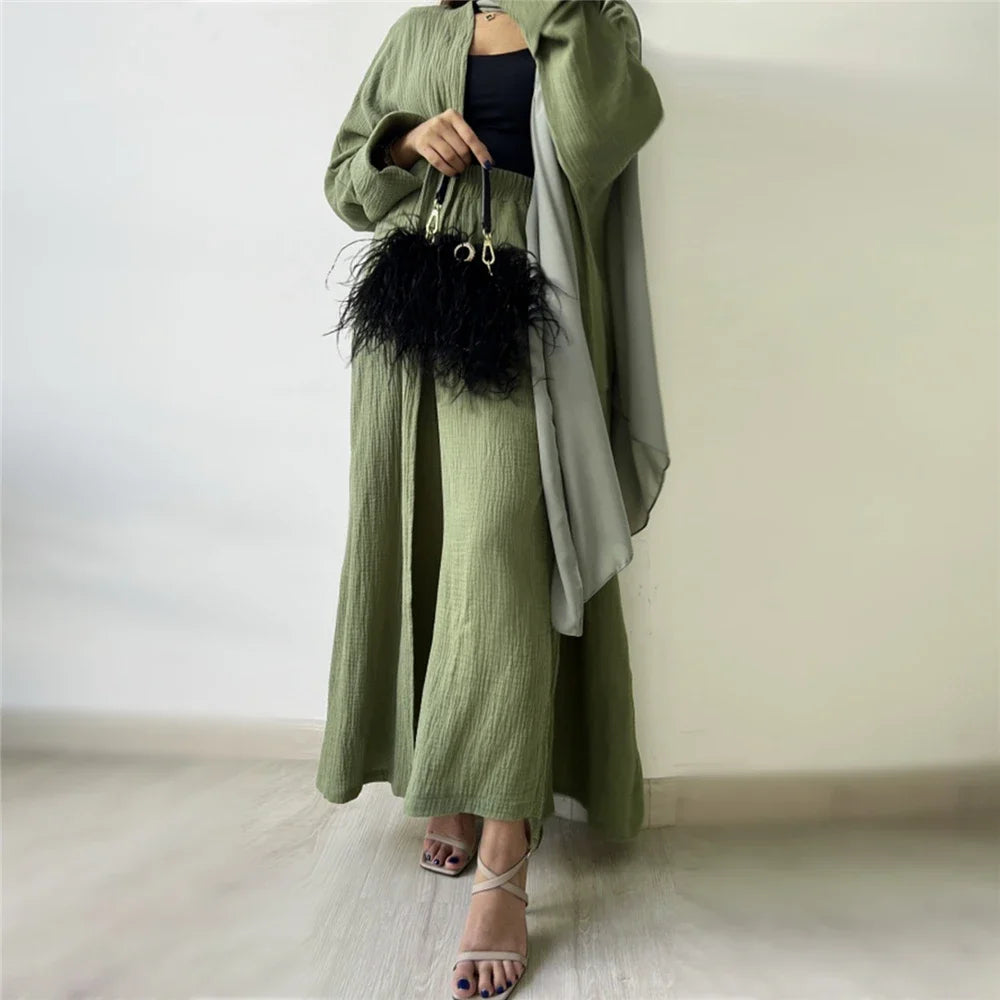 Eid Open Abaya Plain Crinkle Cotton Islamic Clothing Muslim Dubai Kimono Abayas for Women Ramadan Modest Kaftan Party Cardigan - Seprincess