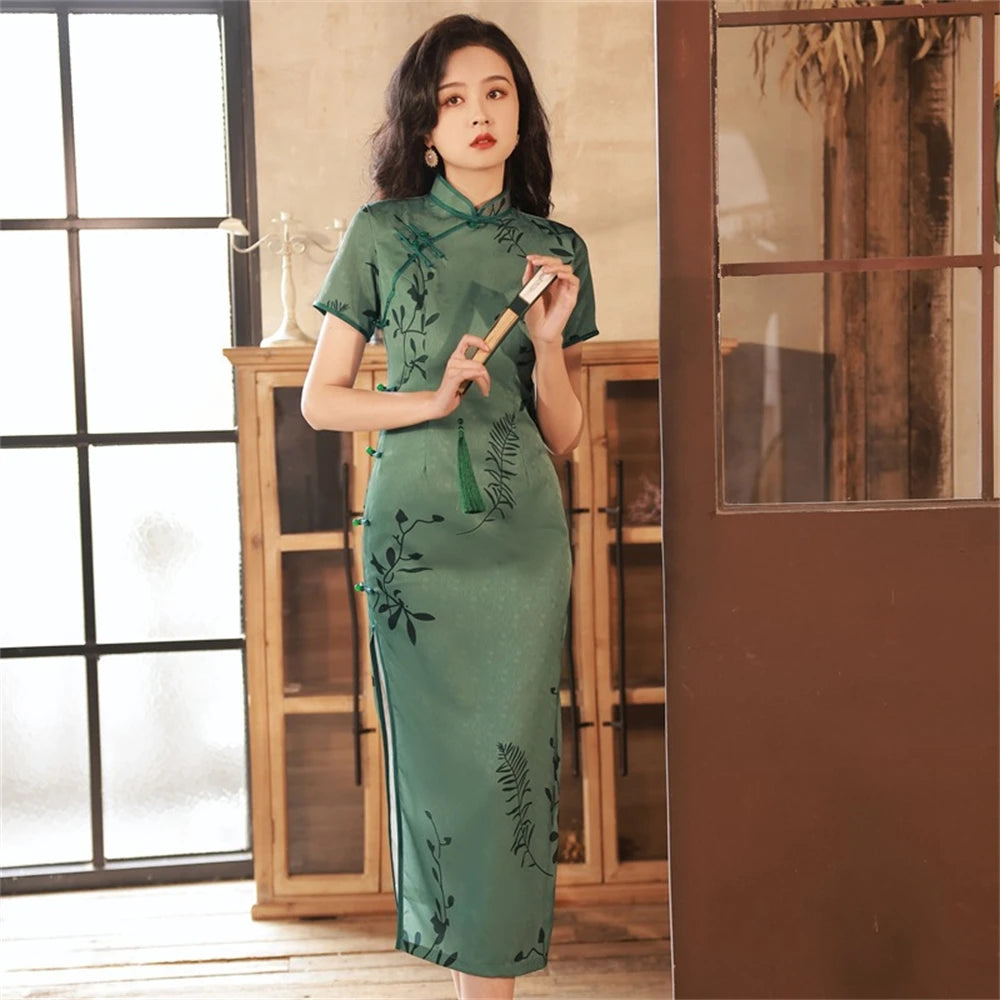 Long Chiffon Cheongsam Vintage Old Shanghai Green Printed Dress Summer Daily Elegant Chinese Traditional Banquet Qipao Chinoise - Seprincess