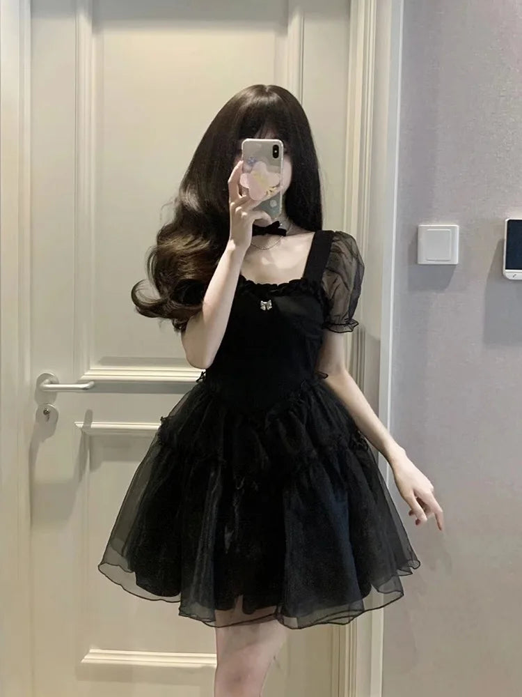 Black Mini Dress Women Bodycone High Waisted Puff Sleeve Sexy Summer Kawaii Girlish Lolita Vintage A-line Vestidos Temper French - Seprincess