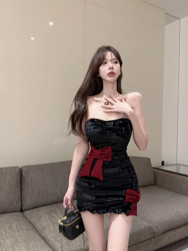 velvet Temperament Korean Style Sweet Fashionable Strapless Bow Tie Straps Folds Wrap Buttocks Tight Fitting Dress Versatile R57 - Seprincess