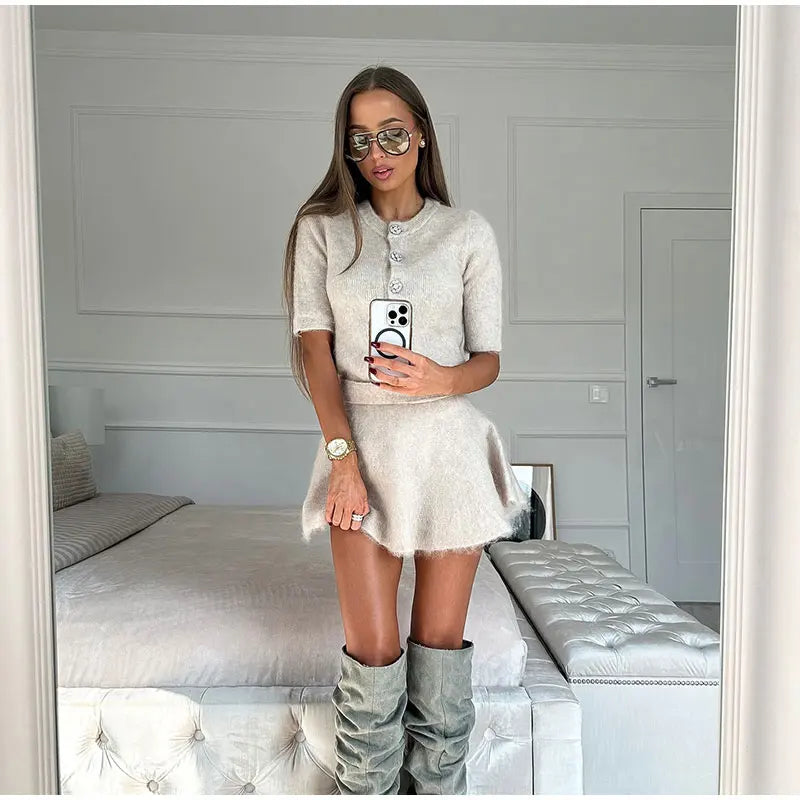 Women O Neck Button Wool Sweater Suit Fashion Casual High Waist Knitted Mini Skirts Set 2024 Autumn Winter Lady Commuting Outfit - Seprincess