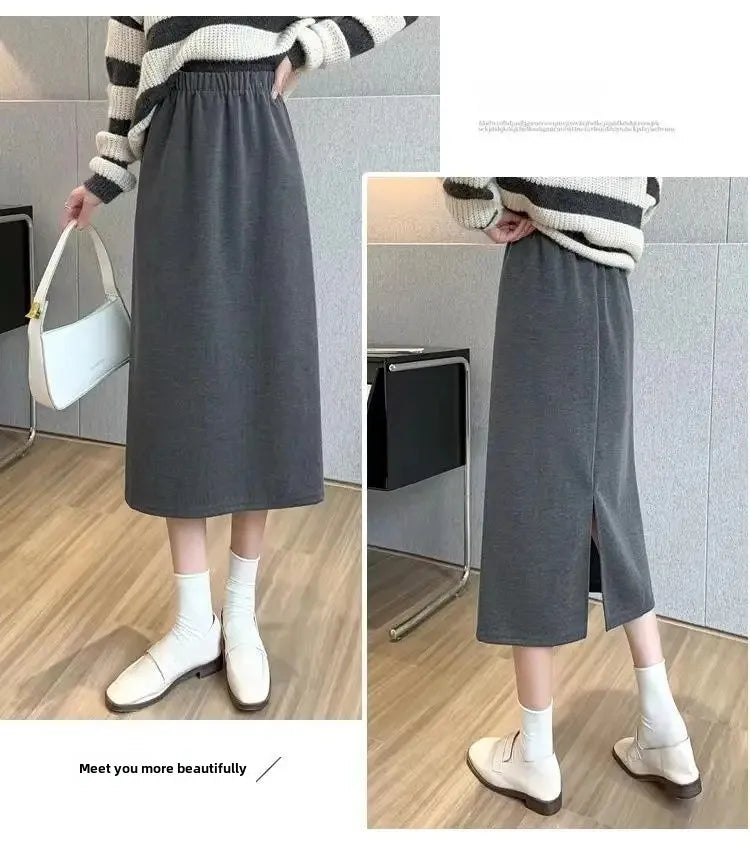 Thickened Fleece-Lined Corduroy Skirt Women's Autumn/Winter 2024 New Medium-Length A- Line Skirt With Side Slit High-Waisted