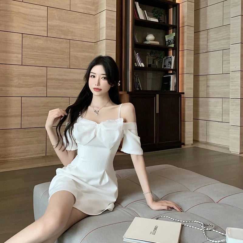 Zoki Bow Sexy Slash Neck Dress Women Summer Korean Elegant White Mini Dress Fashion All Match Party Night Camis Vestidos