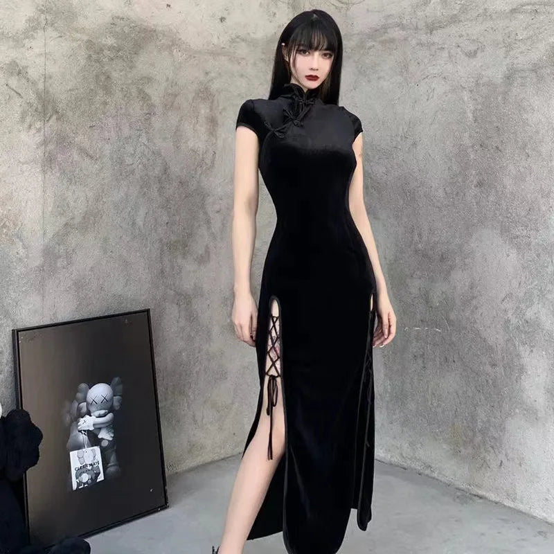 Vintage Black Gothic  Bandage Dress Sexy Cheongsam High Split Velvet Dress Spring Retro Long Qipao Women Aesthetic Dresses - Seprincess