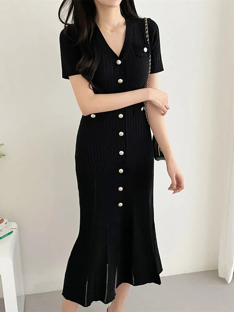 Summer Midi Dress Women Knitted Black Bodycon Korea Style Ruffle Ladies Dresses Elegant Fashion Casual Woman Dress 2024 - Seprincess