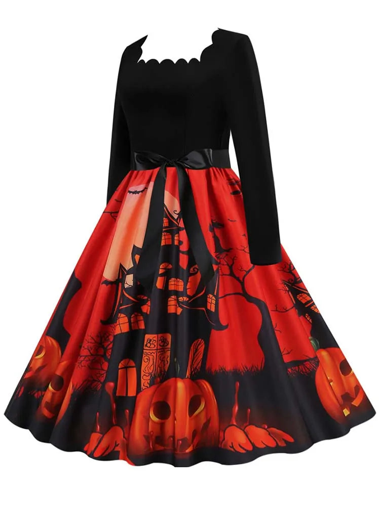 Halloween Dress For Women Square Collar Long Sleeve Print Vintage Evening Party Elegant 50s 60s Robe Midi Sundress - Seprincess