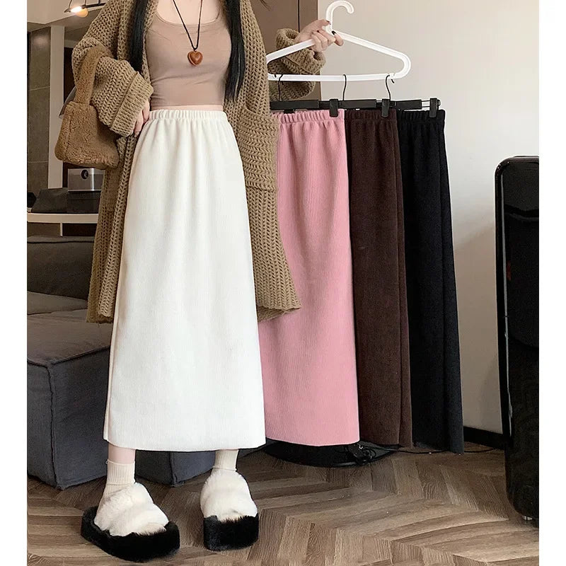 Thickened Fleece-Lined Corduroy Skirt Women's Autumn/Winter 2024 New Medium-Length A- Line Skirt With Side Slit High-Waisted