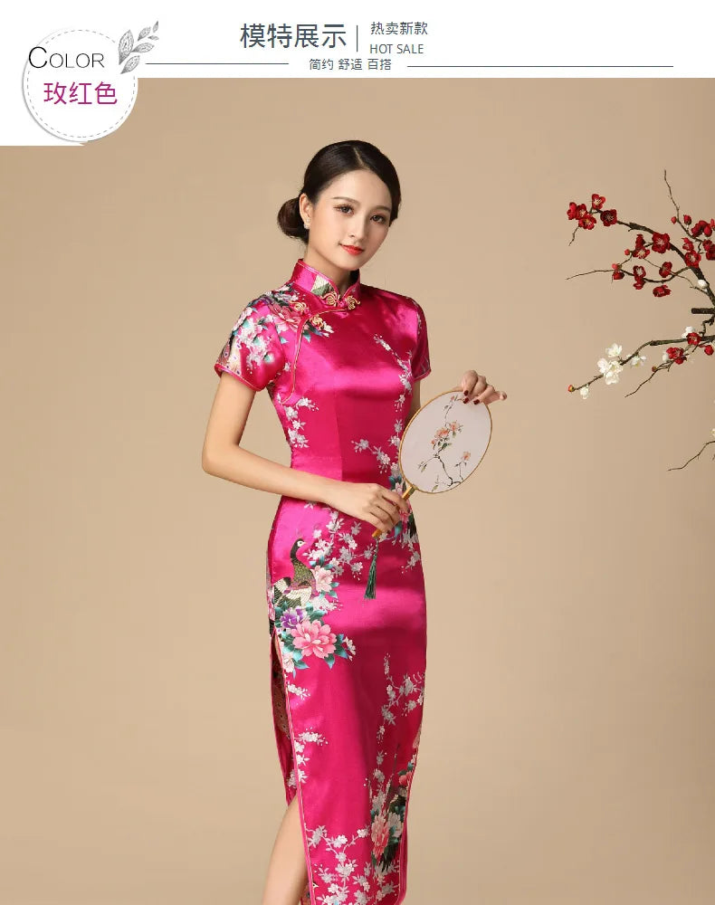 Sexy Cheongsam Chinese Tradition Style Dress Print Satin Qipao Lady Elegant Dresses Summer New Long Qipaos Plus Size 4Xl5Xl6Xl - Seprincess