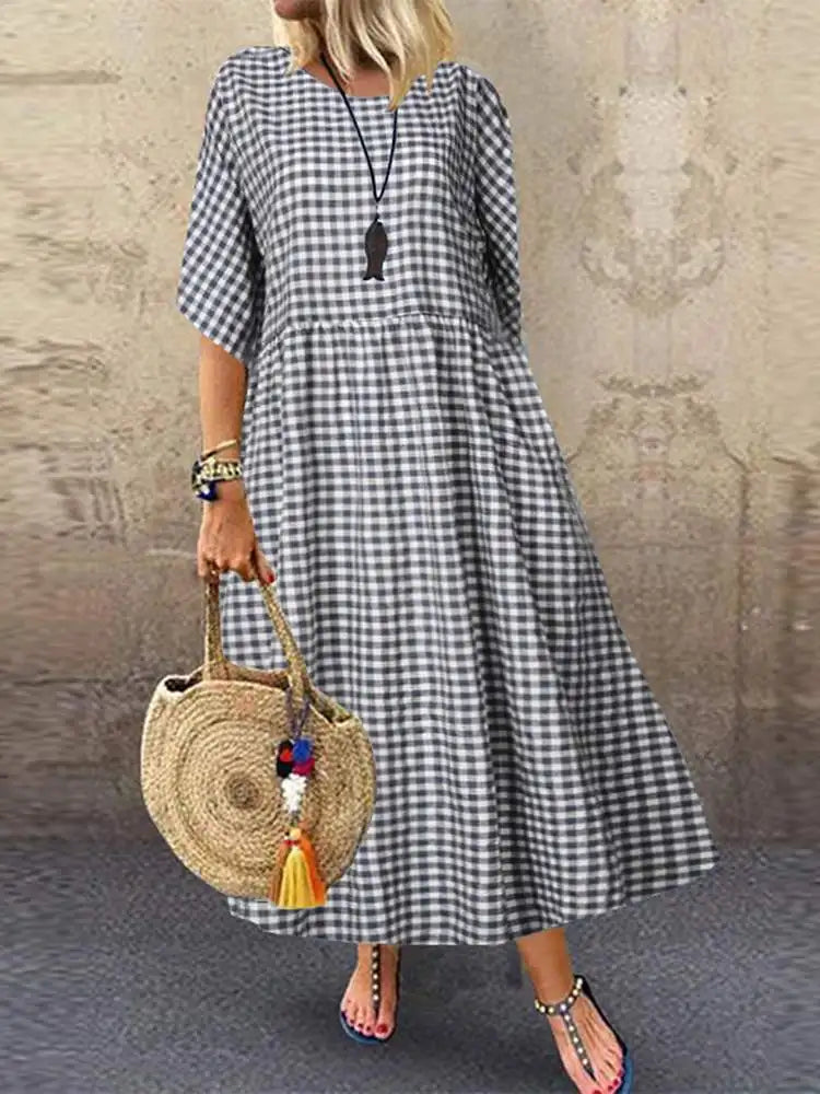 ZANZEA Women 2024 Summer Bohemian Maxi Dress Elegant Plaid Check Printed Robe Fashion Casual Holiday A Line Long Dress Oversize - Seprincess