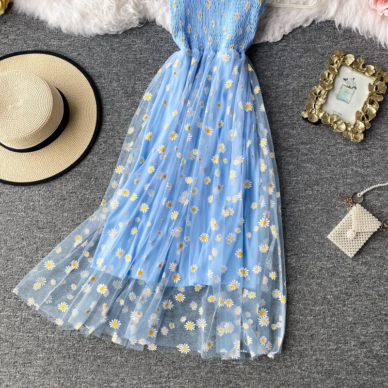 Women daisy Print Dresses Summer Sexy Lace Mesh Dress Spaghetti Strap Ruched Floral Vestidos Korean Style Long Dress - Seprincess