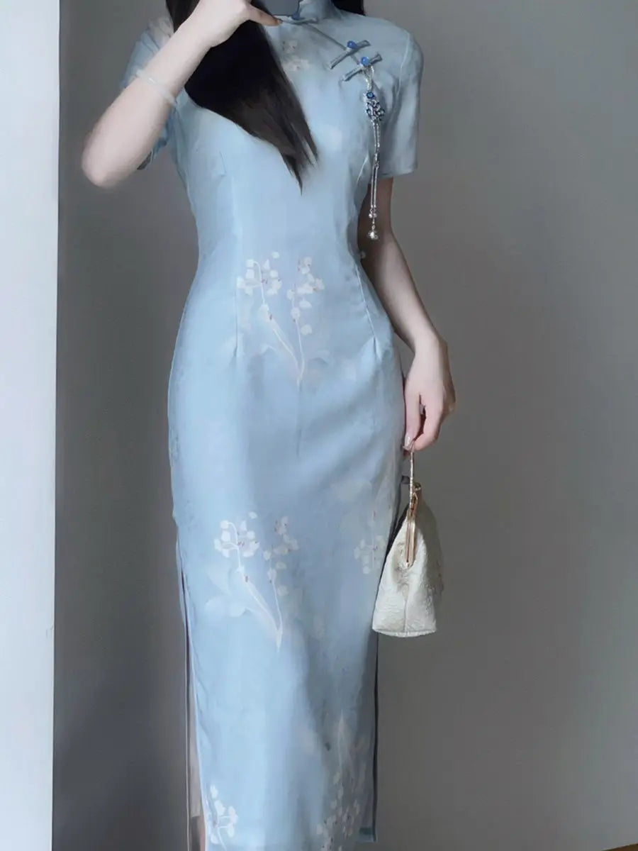 2024 Summer Cheongsam Improved Elegant Qipao Daily Slim Fit Blue Gentle Comfortable Qipao Long Vintage Dress - Seprincess