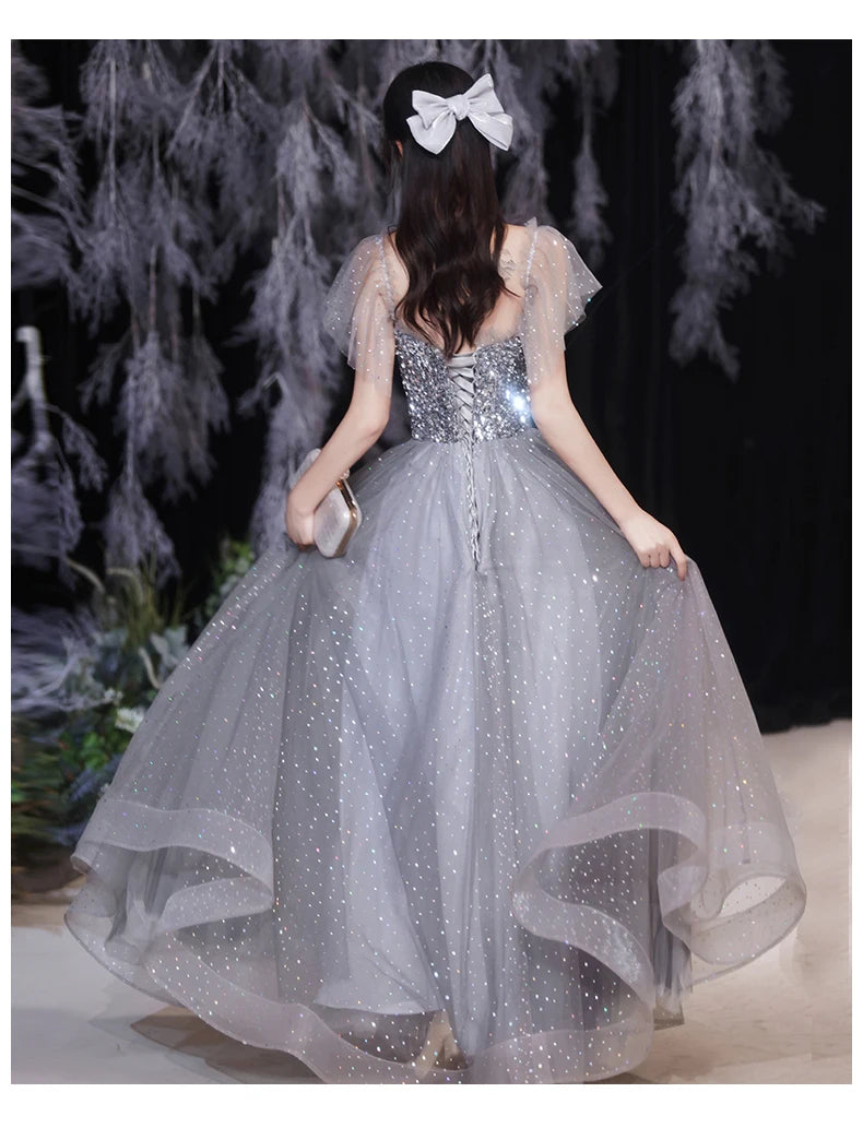 Grey Bridesmaid Evening Dress Women Off Shoulder Sequins Wedding Party Vestidos Fairy Temperament Sisters Group Gown Summer