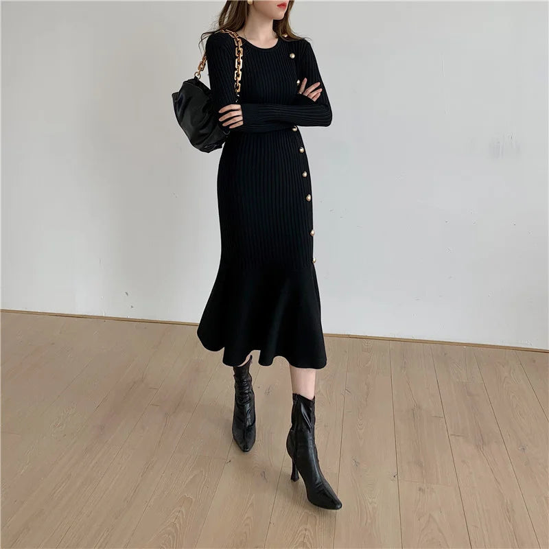 Autumn Warm Korean Fashion Woman Elegant Clothing Knitted Vintage Dresses Sweater Dress Femme Winter Vestido Feminino Thicken - Seprincess