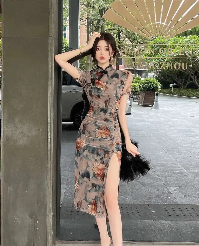 Retro Fenghua Color Imperial Sister Cheongsam Goddess Style Improved Qipao Women's Summer Slim Fit Show Body Slit Bag Dress - Seprincess