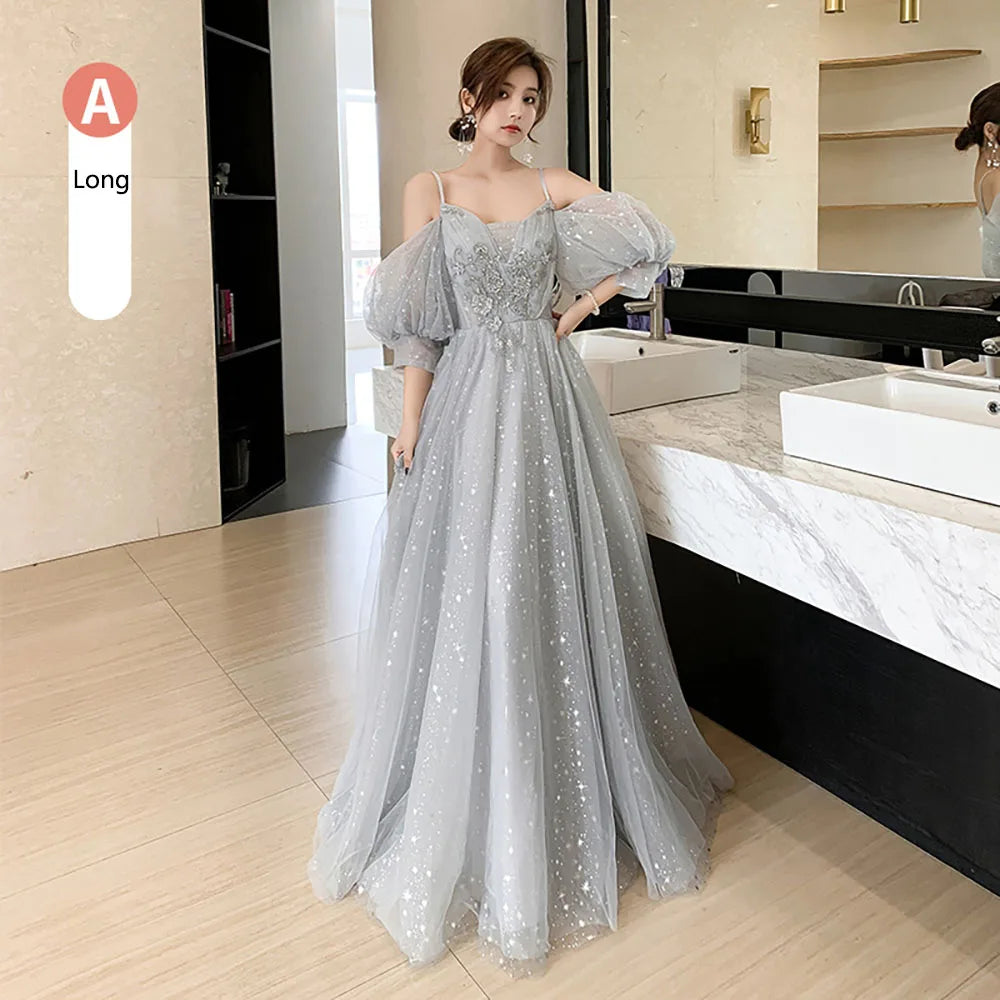 Bridesmaid Dress Women Lantern Sleeve Sequin Tulle Party Dresses Fairy Stage Performance Elegant Ladies Banquet Evening Gown - Seprincess