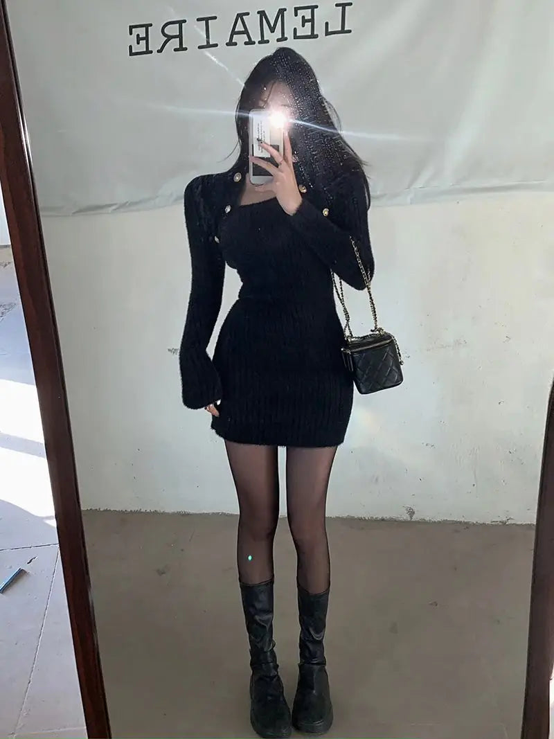 QWEEK Knit Knitted Balck Bodycon Mini Dress 2023 Autumn Winter Korean Fashion Kpop Long Sleeve Short Dresses Streetwear