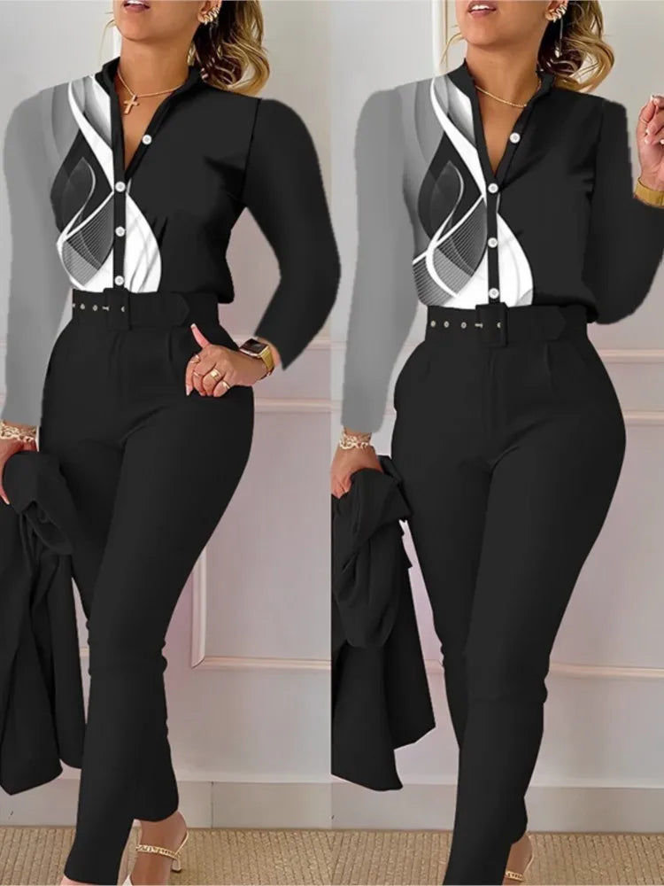 Elegant Women Printed Two Piece Suit Sets Spring Autumn V Neck Long Sleeve Shirt Top & Long Pants Set With Belt Workwear Outfits