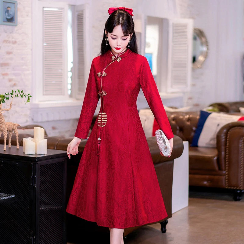 Retro Chinese Traditional Red Wedding Qipao Dress Modern Improved Long Sleeve Embroidered Cheongsam Plus Size Women Clothing CNY - Seprincess