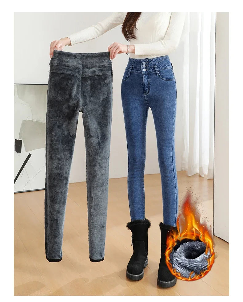 Black Fleece Warm Women Winter Jeans Thickened High Waist Multi-button Skinny Stretch Denim Pants Fashion Korean Female Trousers