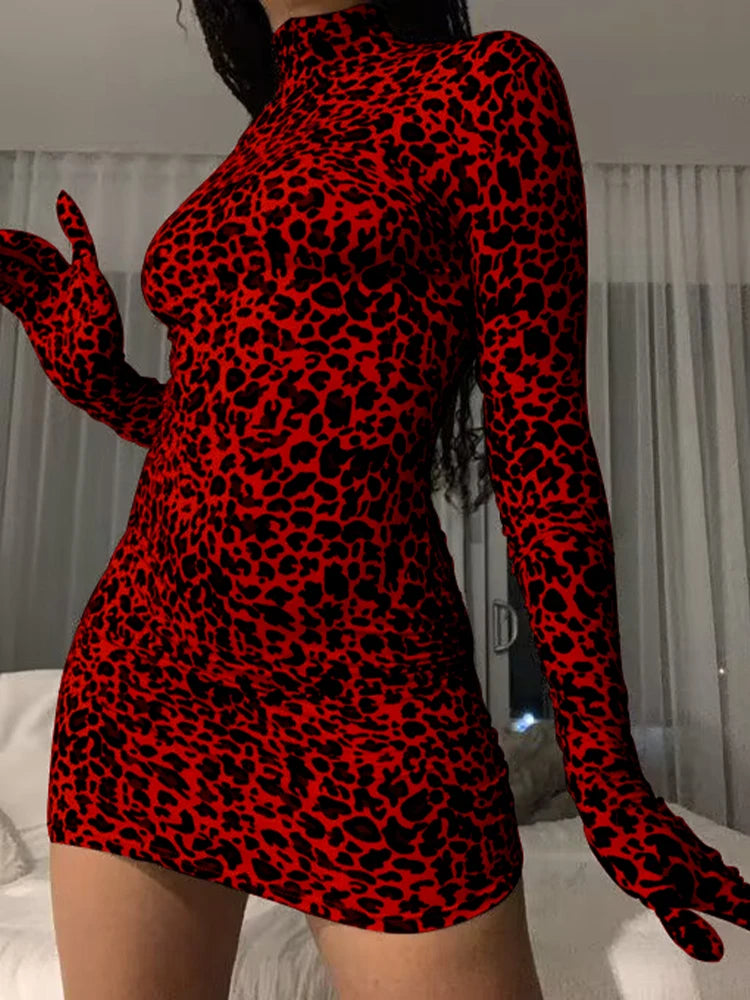 OMSJ Christmas Dress Women 2023 Fall Long Sleeve Leopard Print Skinny Mini Dress With Glove Bodycon Turtleneck Vintage Partywear - Seprincess