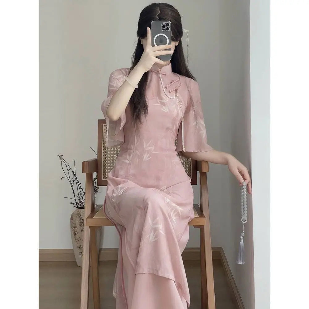 New Chinese Style Pink Qipao Dress 2024 Vintage Cheongsam Young Oriental Lady Evening Dress Summer Daily Vestido - Seprincess