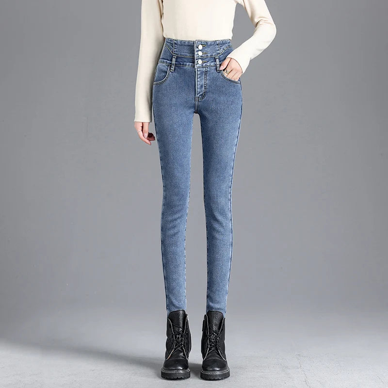 Winter Women Thick Velvet High Waist Skinny Jeans Simple Warm Fleece Slim Fit Stretch Trousers Casual Ladies Denim Pencil Pants