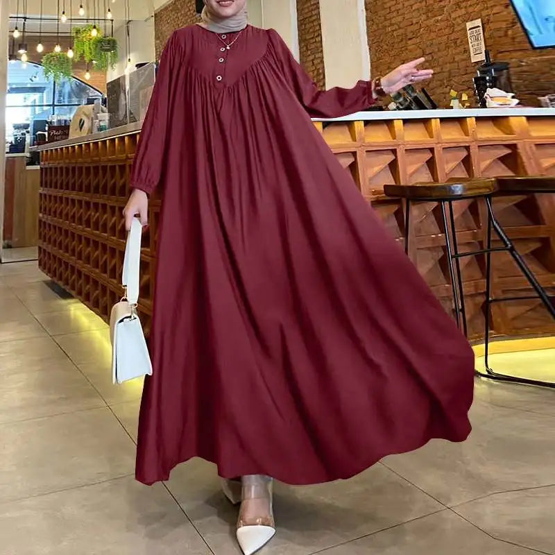 ZANZEA Islamic Dubai Hijab Dresses Autumn Muslim Dress Abaya Women Oversize Sundress Fashion Long Lantern Sleeve Maxi Vestidos - Seprincess