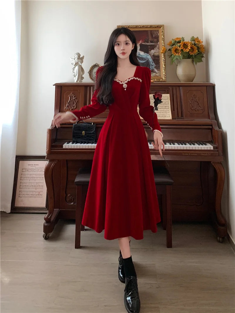 Burgundy Velvet Prom Dresses Square Collar Long Sleeve Pearl Crystal Long Engagement Dress Plus Size Female Formale Gowns - Seprincess