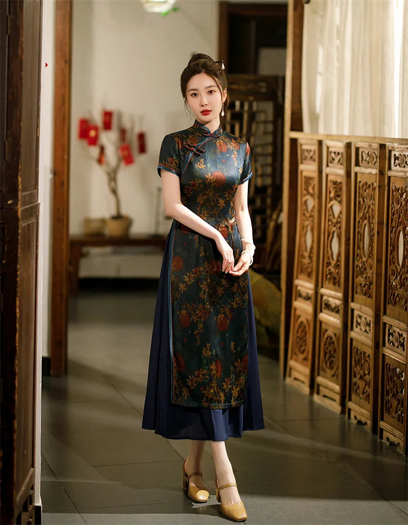 Burgundy Qipao Grace Improved Chinese Style Dresses Lady's Satin Cheongsam Summer Spring Ao Dai Flower Print Dress Oversize 4Xl - Seprincess