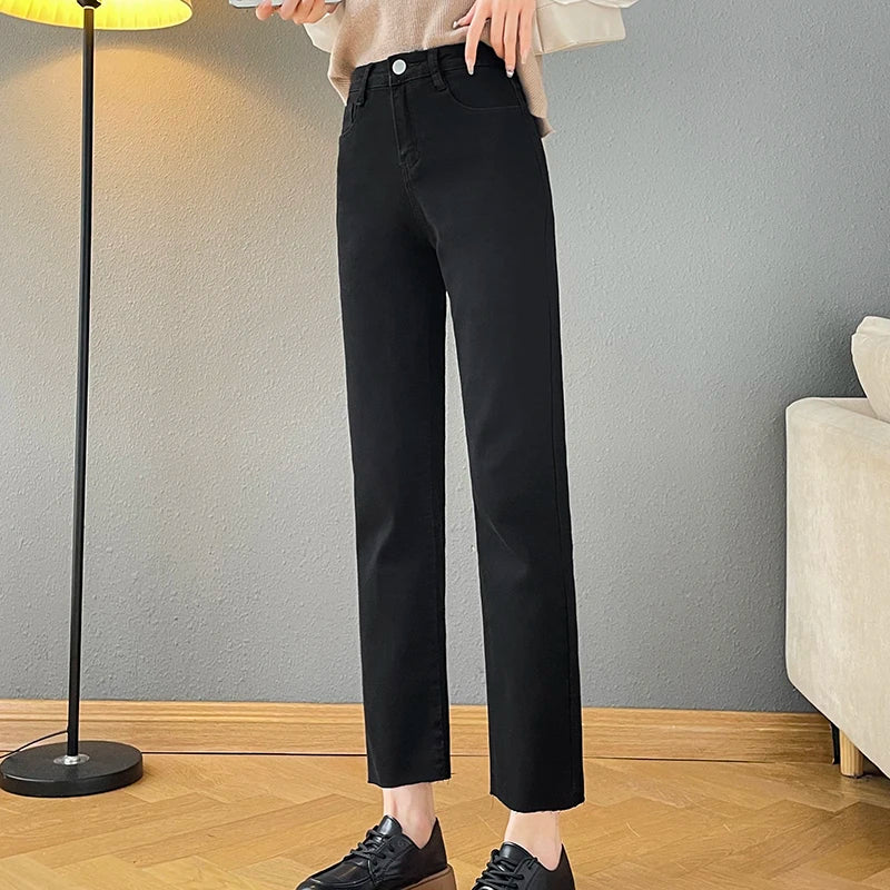 Rarely Hem Pants Spring High Waist Elastic Straight Barrel Jeans Women's Small Smoke Pipe