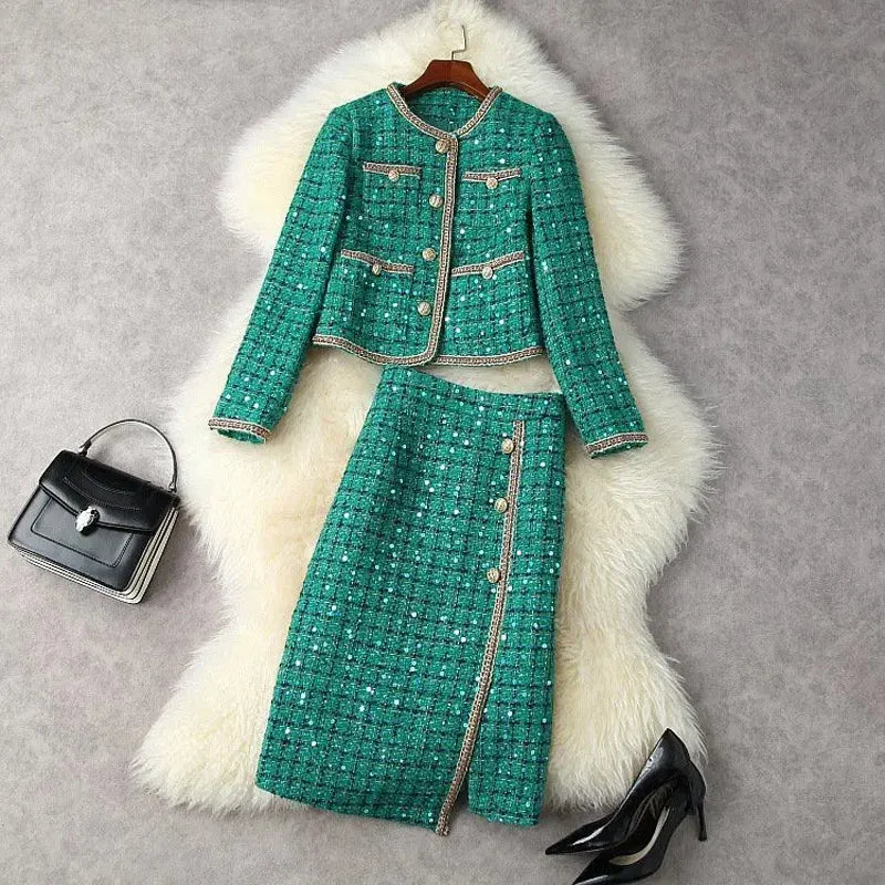 Women Elegant Vintage Tweed Fragrant Suit Jacke Coat Top And Skirt Two Piece Set Green Outfit Winter Jacquard Party Clothing - Seprincess