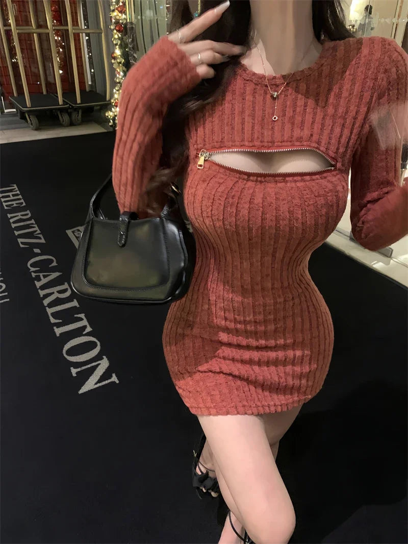 Sweet Hot Girl Zipper Hollowed Out Pit Stripe Dress for Women's Winter Sexy Slim Fit Hip Wrap Short Dress Fashion Female Clothes - Seprincess