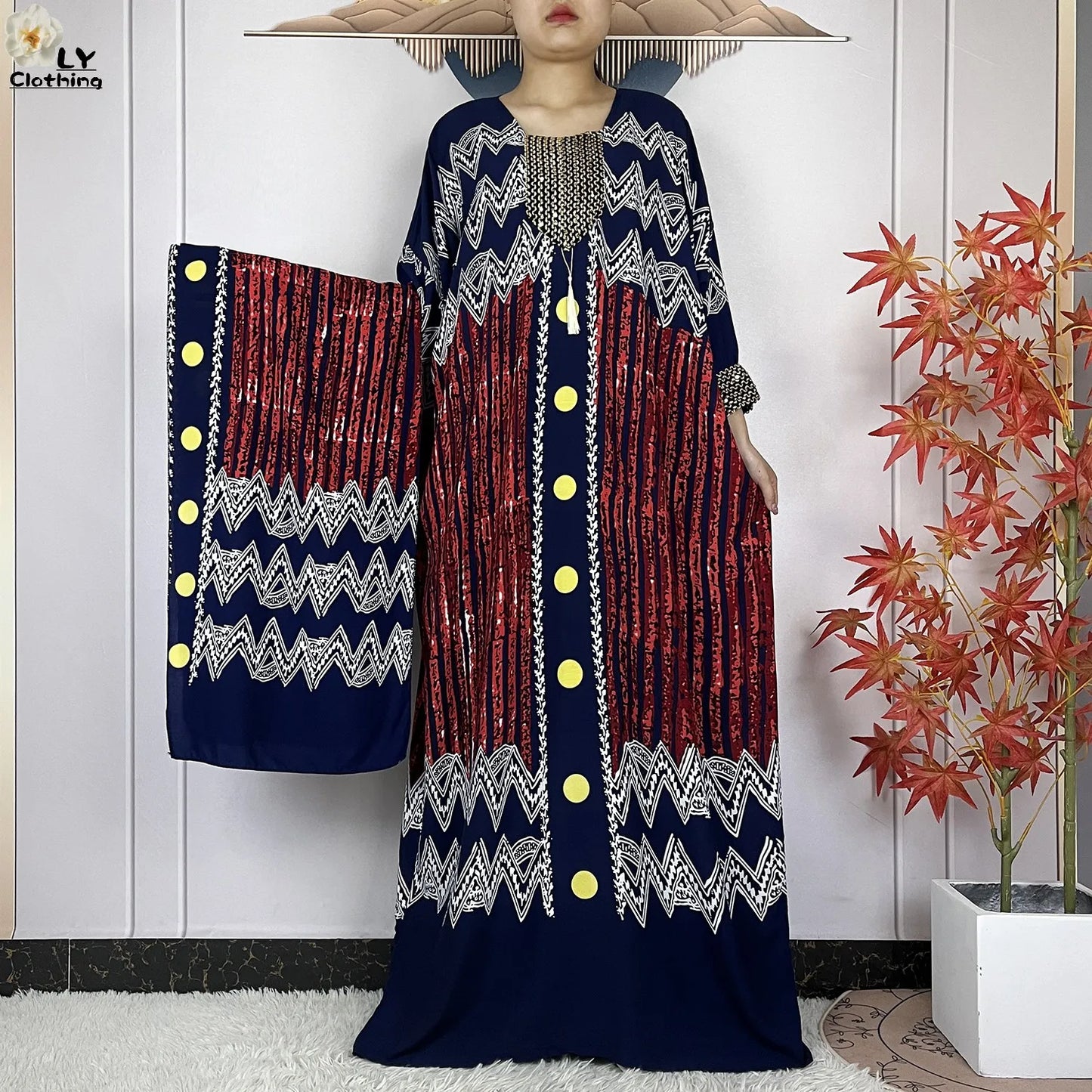 2024New Dubai Party Dress Muslim Femme Long Sleeves Printing Sequins Loose Boubou Maxi Islam Women Cotton African Abaya Clothing - Seprincess