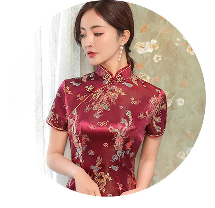 Large Size Sexy Slim Long Qipao Dress Women Retro Elegant Cheongsam Short Sleeve Brocade Dragons and Phoenixes Clothes Vestidos - Seprincess