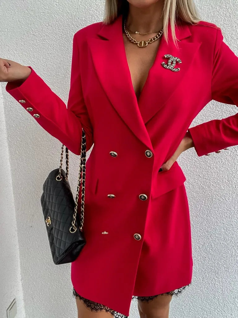 Office Lady Blazer Suit Dress Fashion Wrap V Neck Turndown Collar Sexy Mini Dress Women Long Sleeve Solid Blazer Party Dress - Seprincess