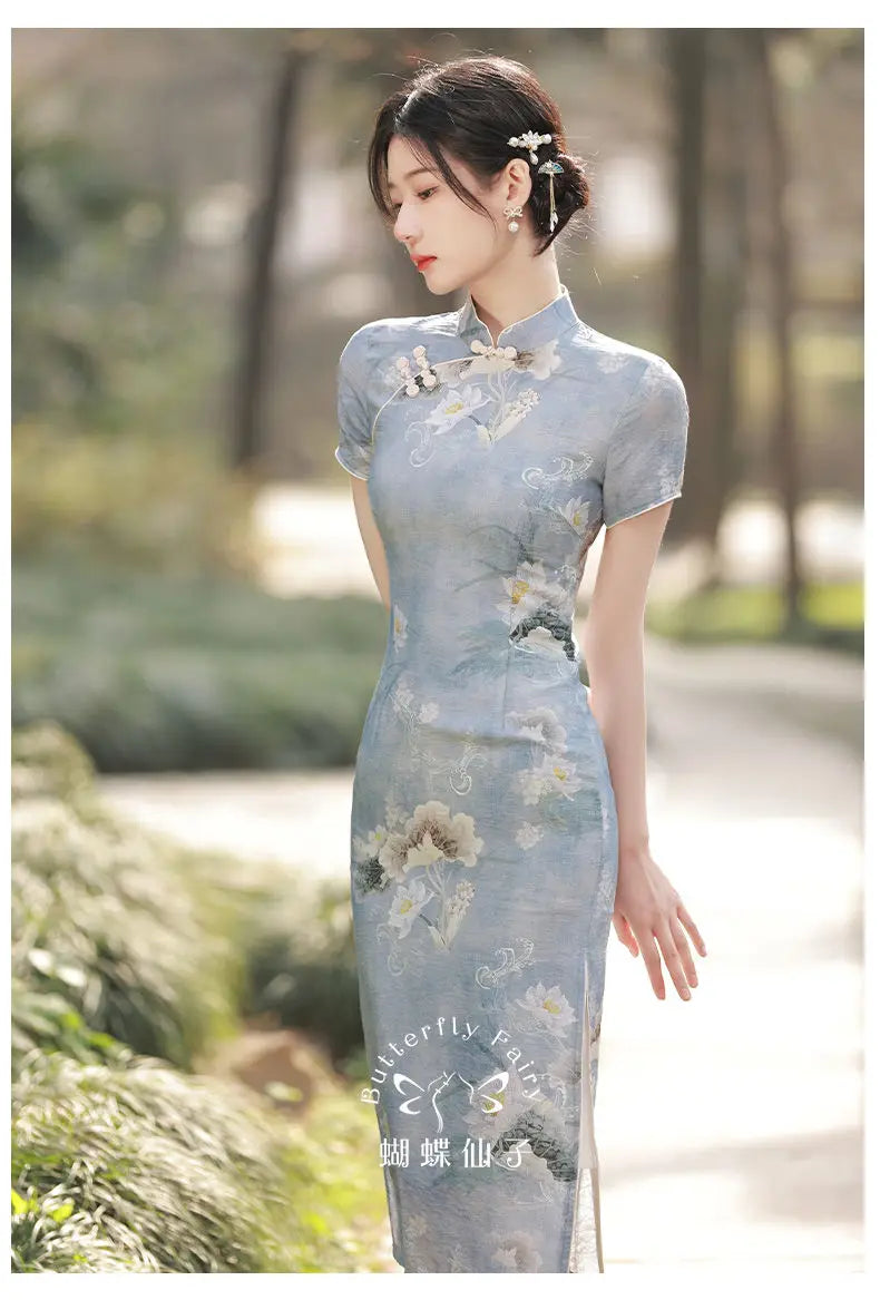 Simple Elegant Slim Qipao Women Vintage Floral Style Cheongsam Traditional Short Sleeve Young Girl Chinese Dress Modern New - Seprincess