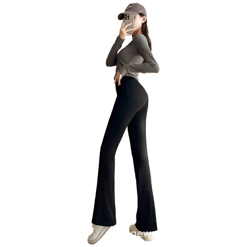 Women's High-Waisted Fleece-Lined Bell-Bottom Pants Autumn/Winter New Style Thickened Extended Slimming Black Draped Horsehoe Mi