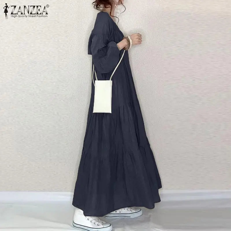 ZANZEA Vintage Ruffle Dress Women's Spring Sundress Casual Puff Sleeve Maxi Vestidos Female V Neck Robe Elegant Long Dresses - Seprincess