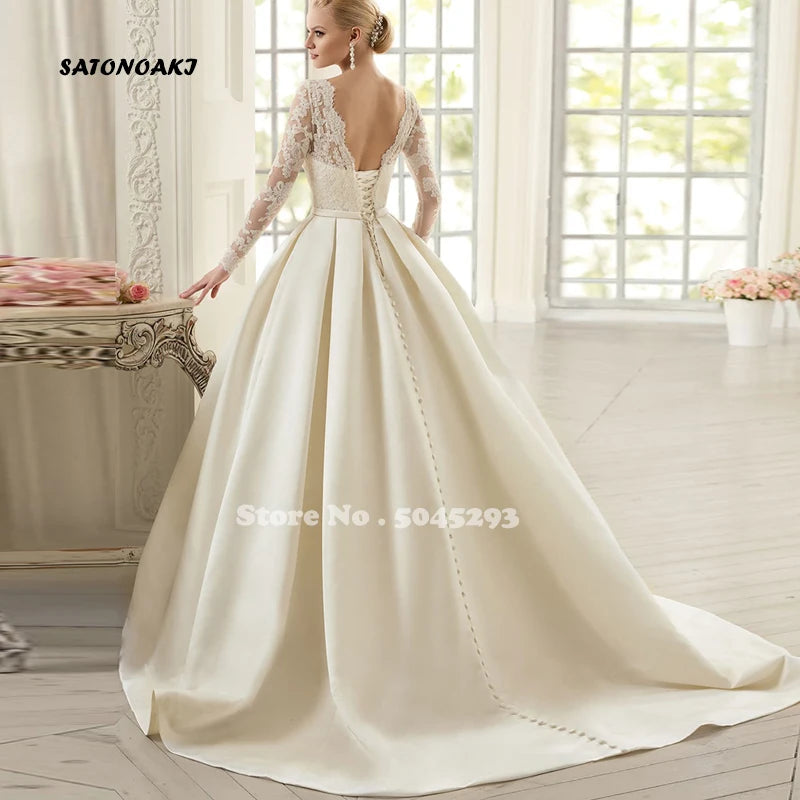 Vestidos De Novia Simple Ivory Satin Wedding Dresses A-Line Long Sleeve Appliques Lace-up Sweep Train Bridal Gown with Pockets - Seprincess