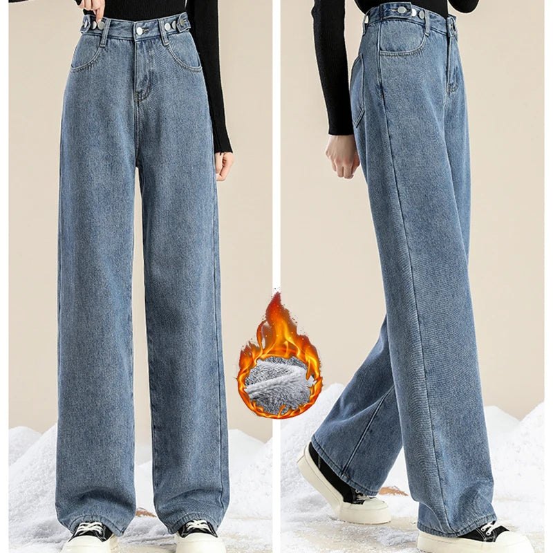 Woman High Waist Streetwear Thicken Jeans Female Fashion Baggy Pants Lady Black Grey Light Blue Blue Punk Thermal Denim Trousers