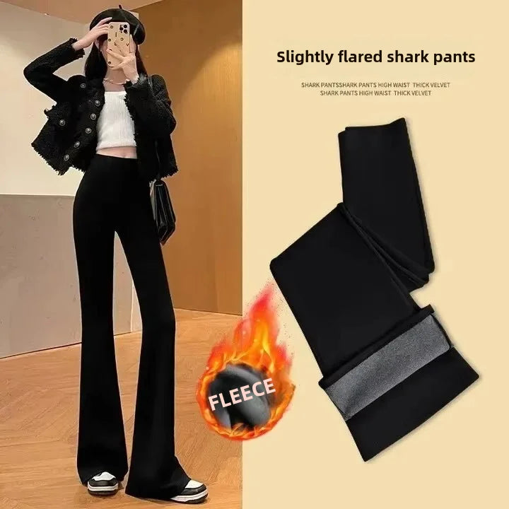 Female Black Leggings Thermal Tights Woman Flare Trousers High Waist Fleece Leggings Yogawear Casual Elastic Bell-bottom Pants